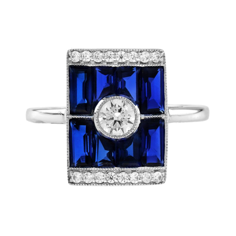 Diamond and Blue Sapphire Art Deco Style Rectangular Ring