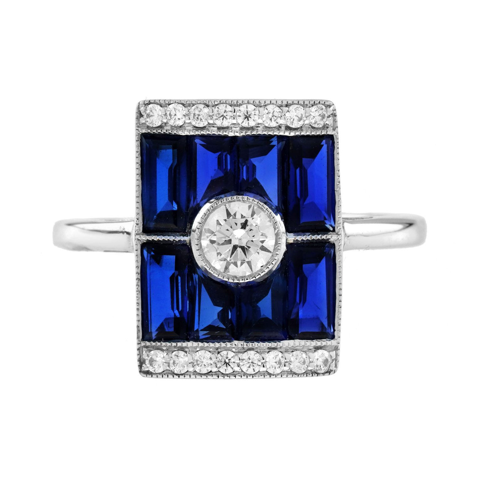 Diamond and Blue Sapphire Art Deco Style Rectangular Ring