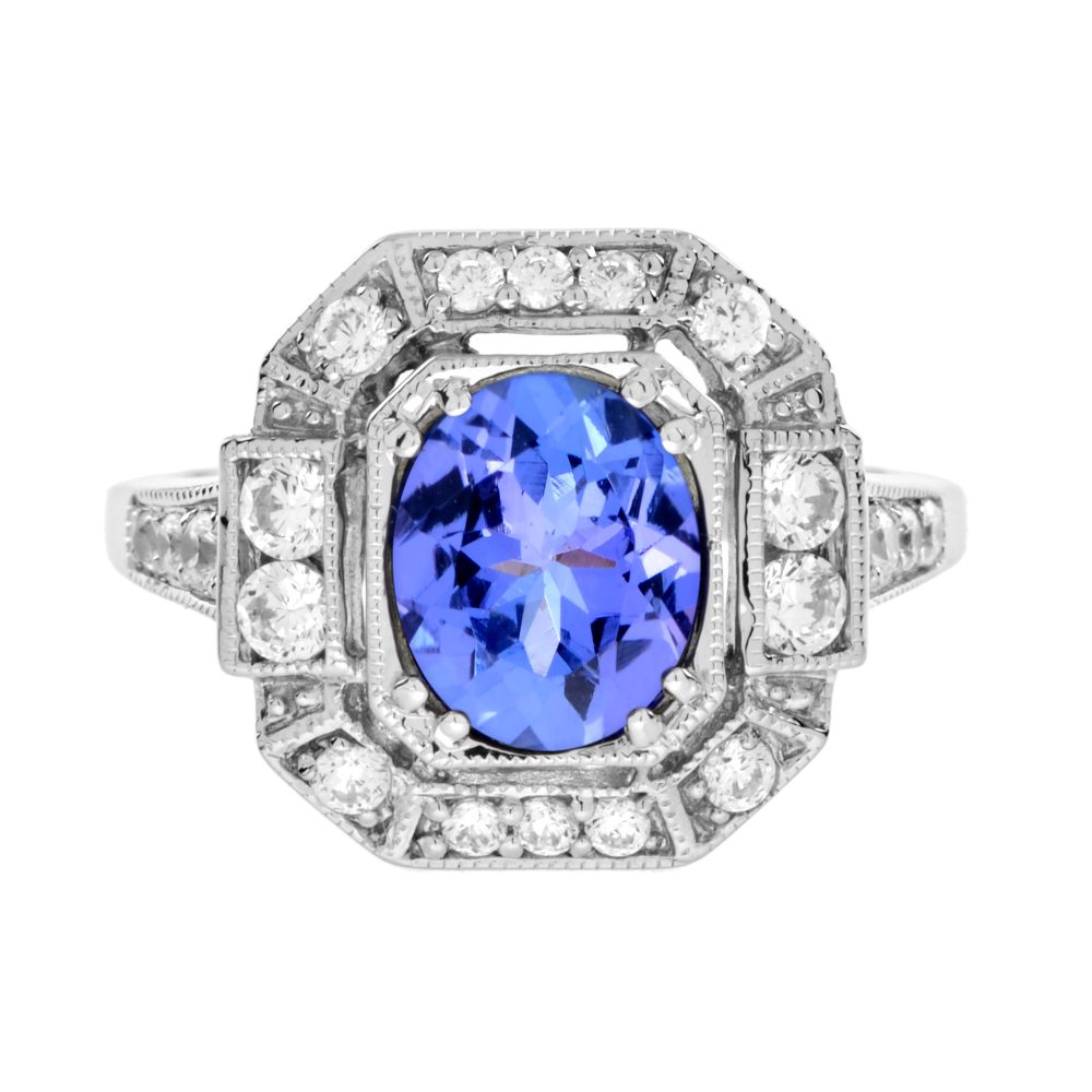 Tanzanite and Diamond Art Deco Style Halo Engagement Ring