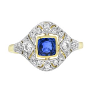 Blue Sapphire and Diamond Art Deco Style Engagement Ring