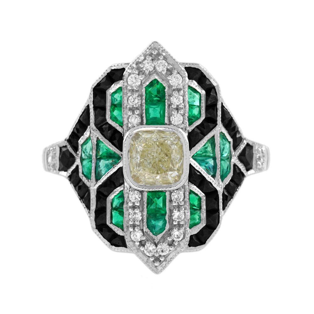 GIA Diamond Emerald Onyx Art Deco Style Cocktail Ring