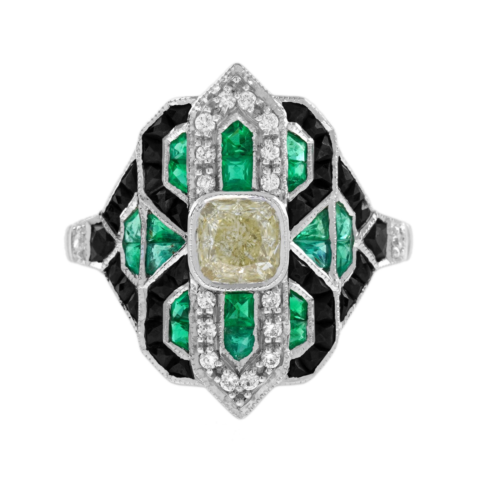 GIA Diamond Emerald Onyx Art Deco Style Cocktail Ring
