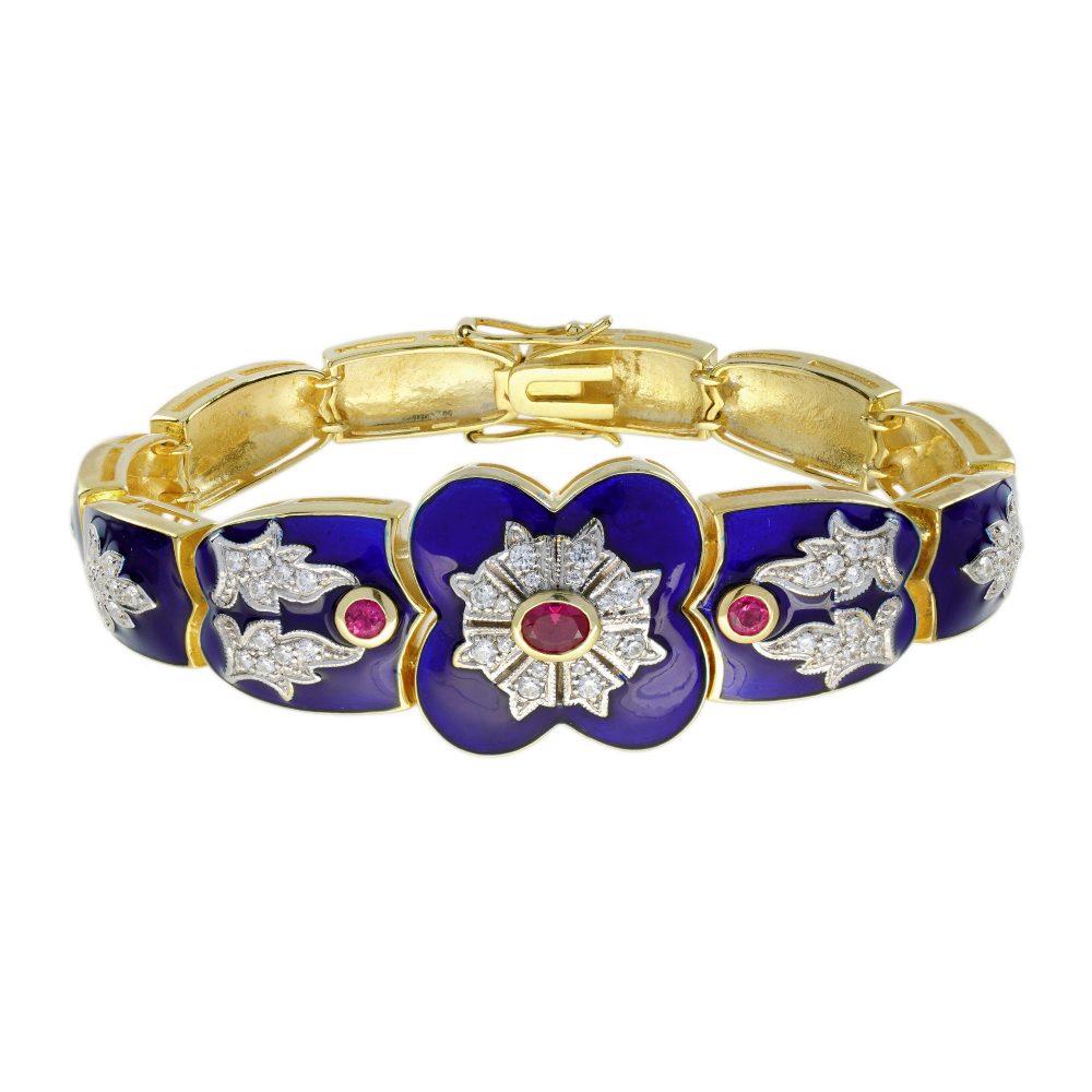 Ruby Diamond Blue Enamel Antique Style Bracelet