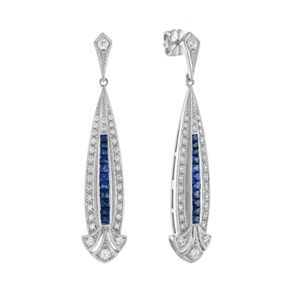 Blue Sapphire and Diamond Art Deco Style Drop Earrings
