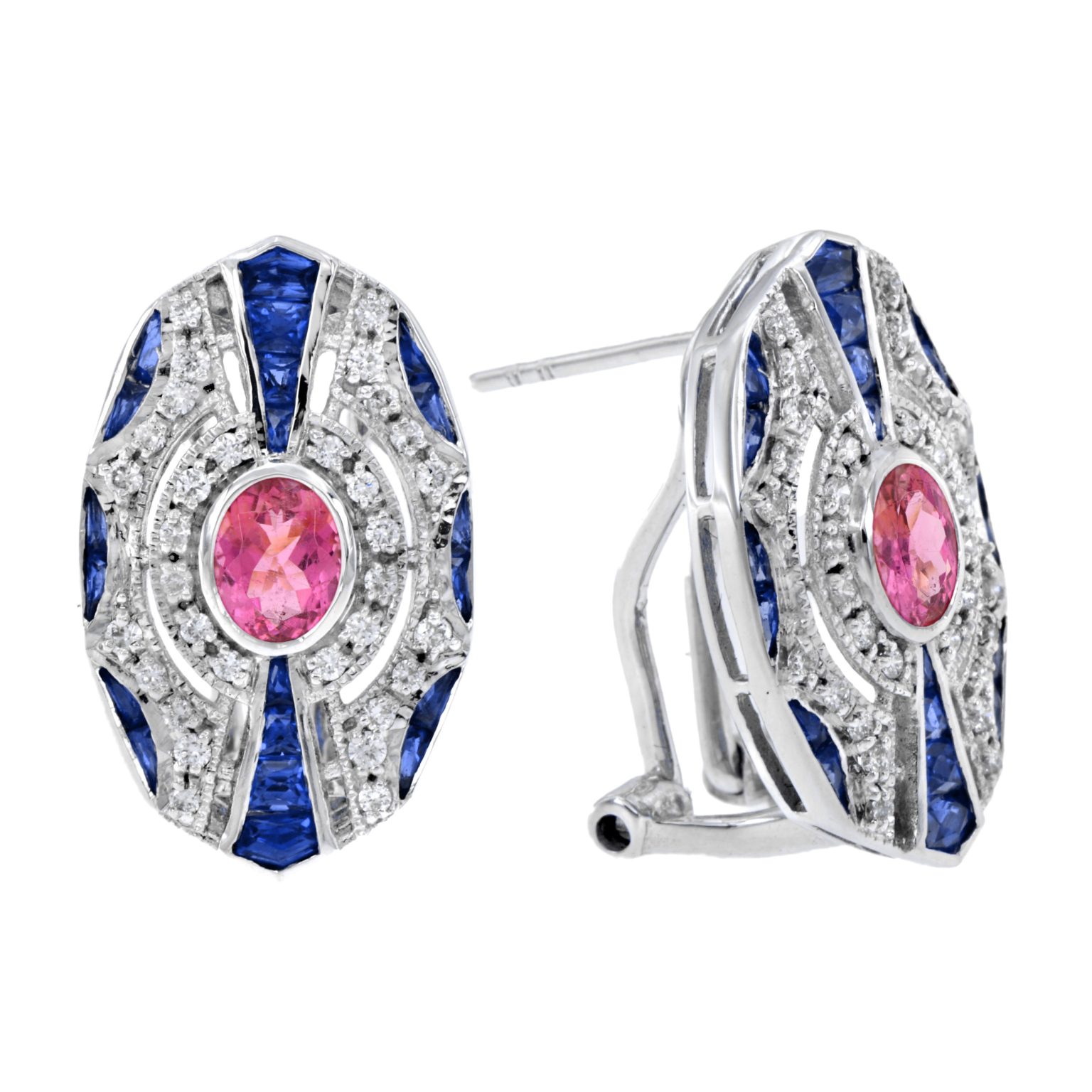Pink Tourmaline Sapphire Diamond Omega Earrings