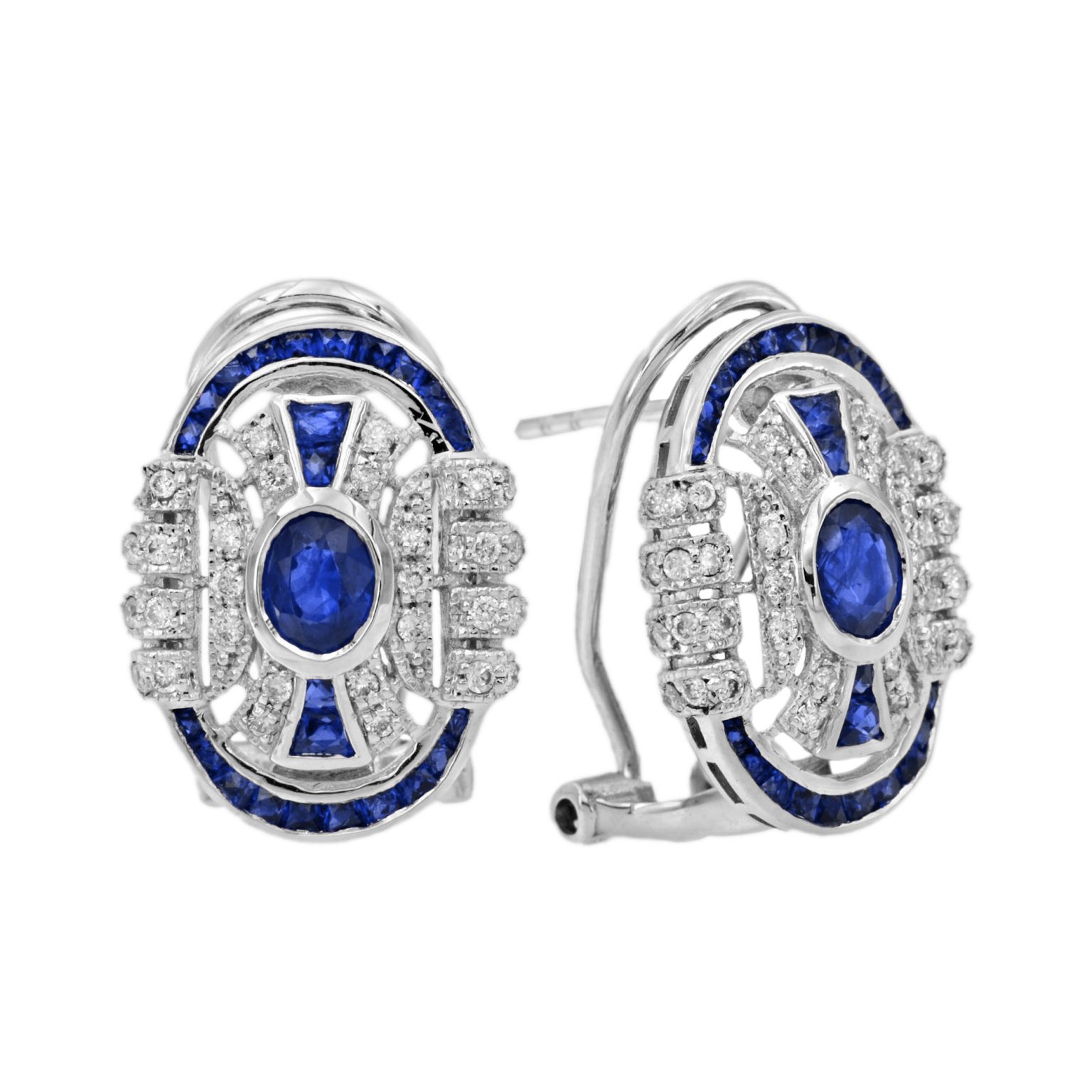 Blue Sapphire and Diamond Art Deco Style Omega Earrings