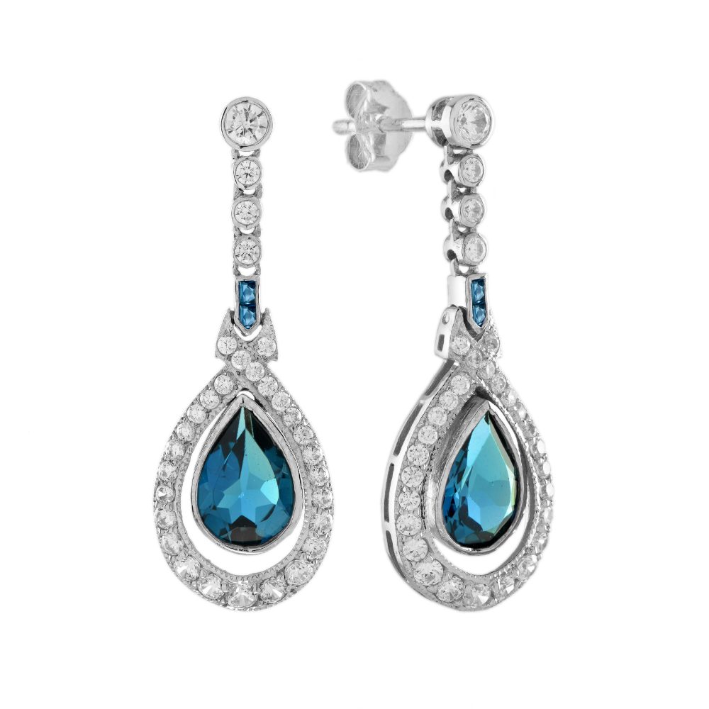 London Blue Topaz and Diamond Antique Style Drop Earrings