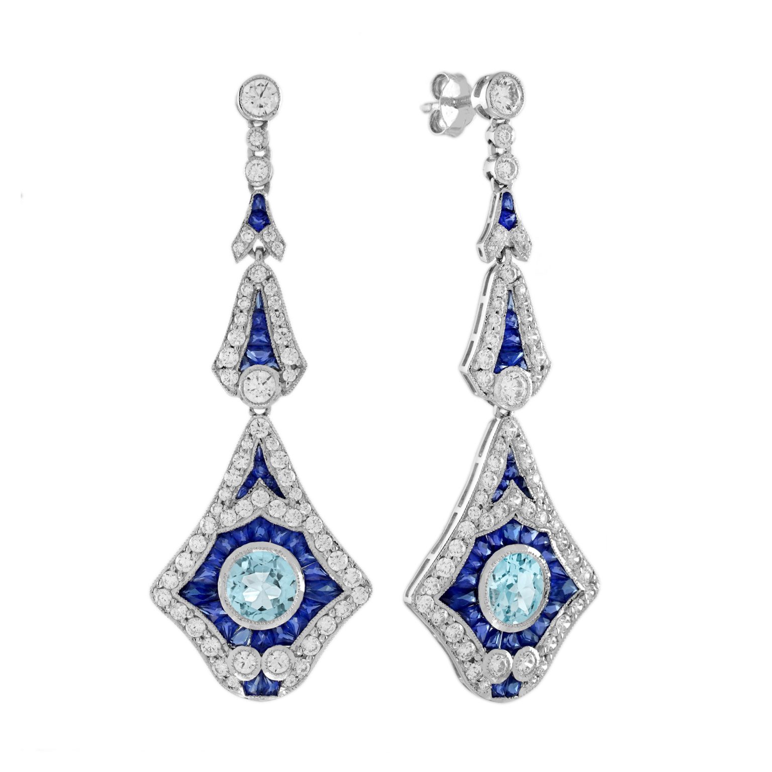 Aquamarine Blue Sapphire Diamond Art Deco Style Drop Earrings