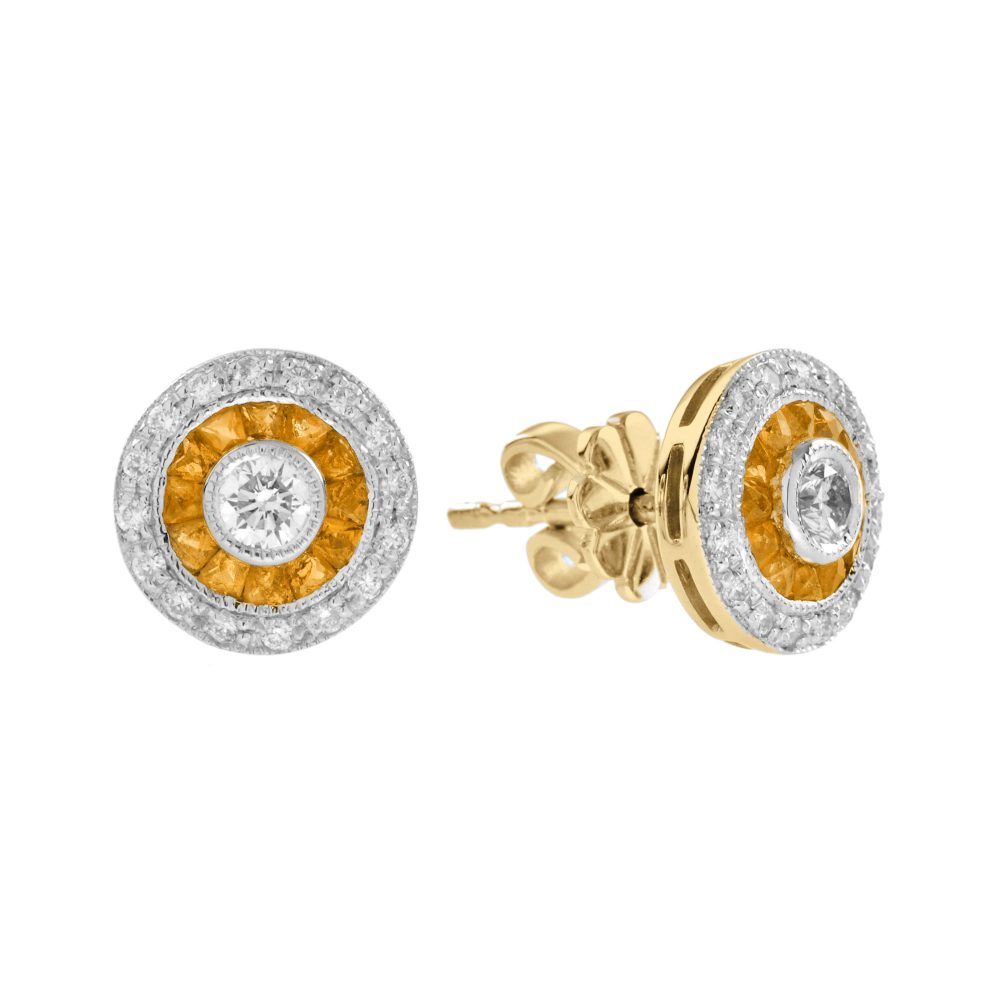 Diamond and Yellow Sapphire Deco Style Target Stud Earrings in Two Tone Gold