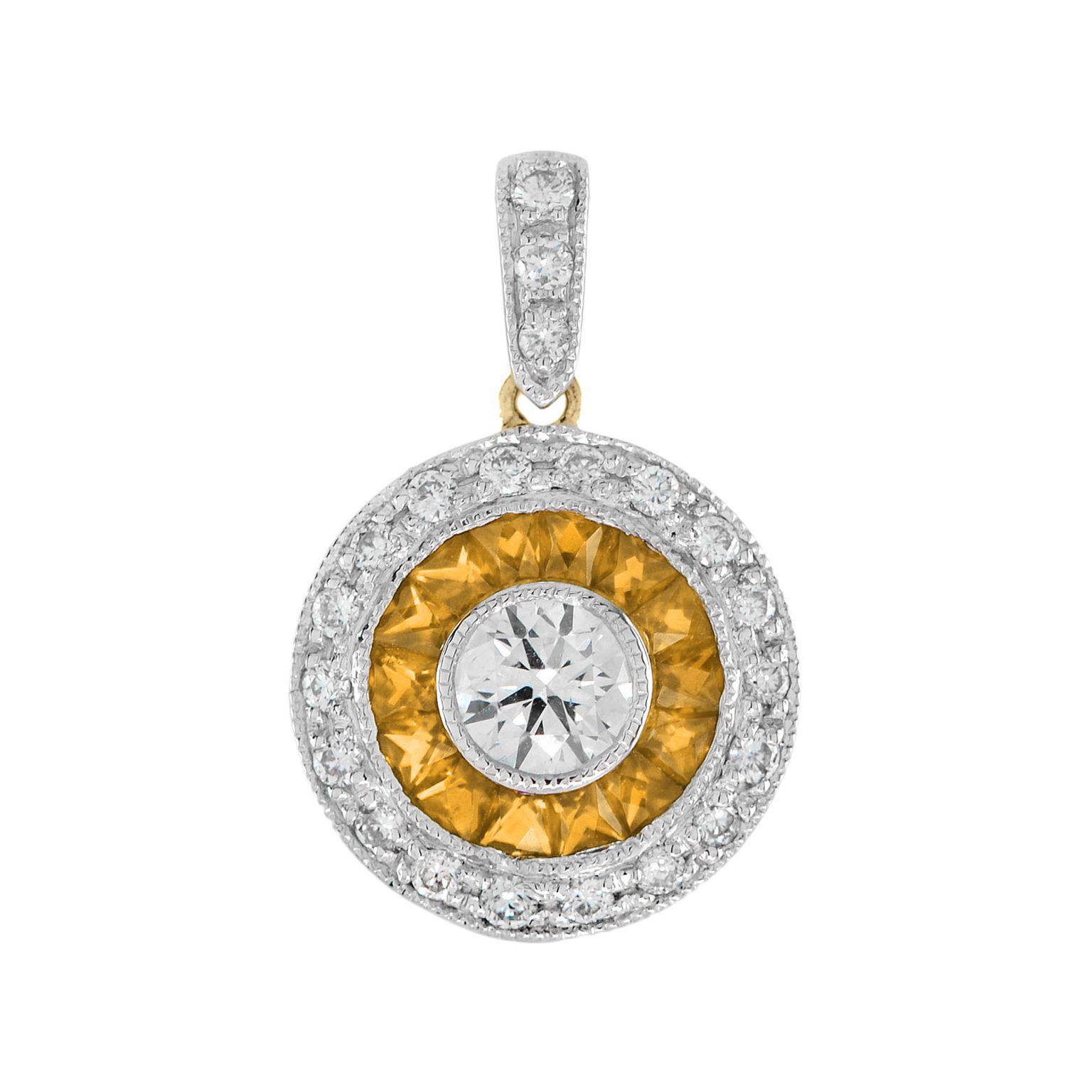 Diamond and Yellow Sapphire Deco Style Target Pendant in Two Tone Gold