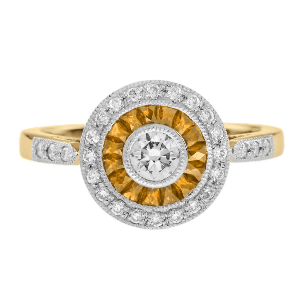 Diamond and Yellow Sapphire Art Deco Style Target Ring in Two Tone Gold
