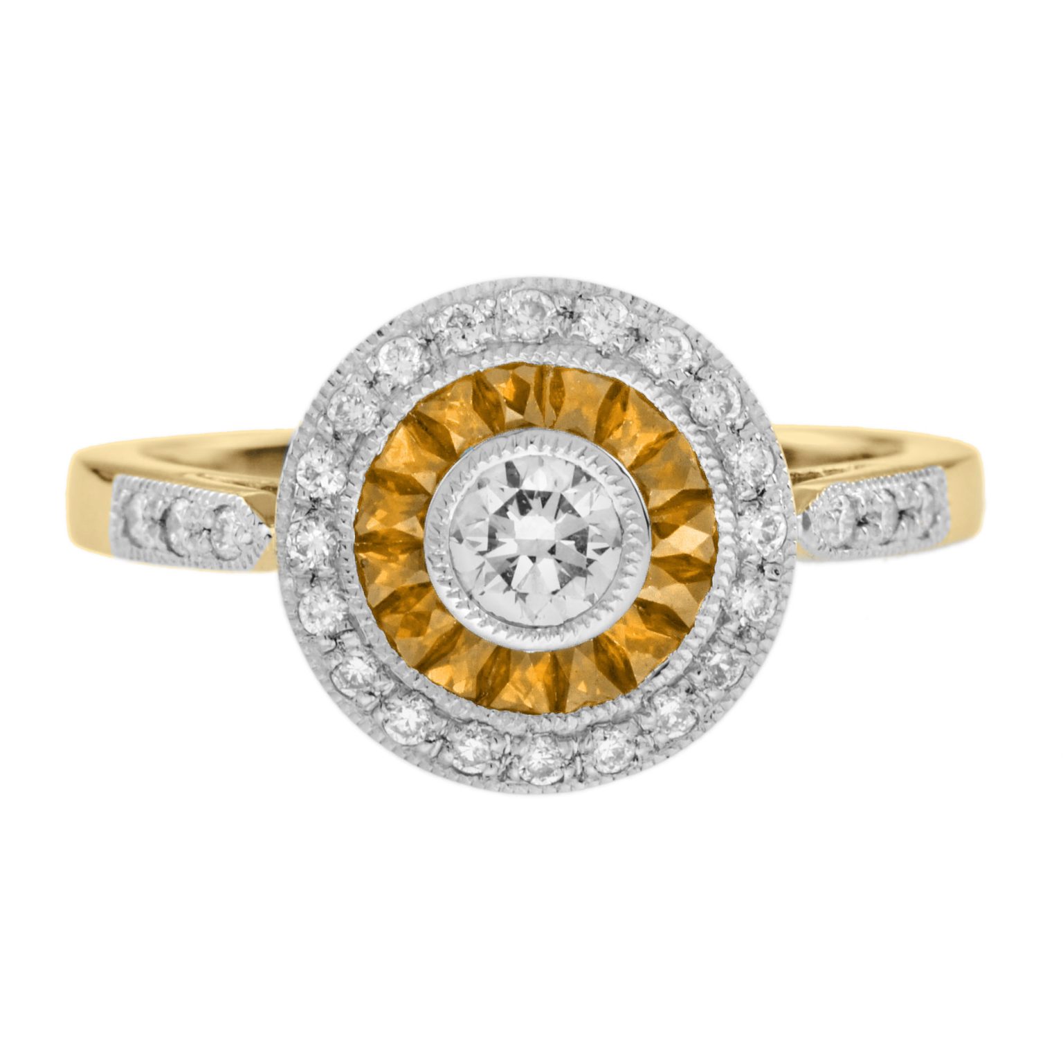 Diamond and Yellow Sapphire Art Deco Style Target Ring in Two Tone Gold
