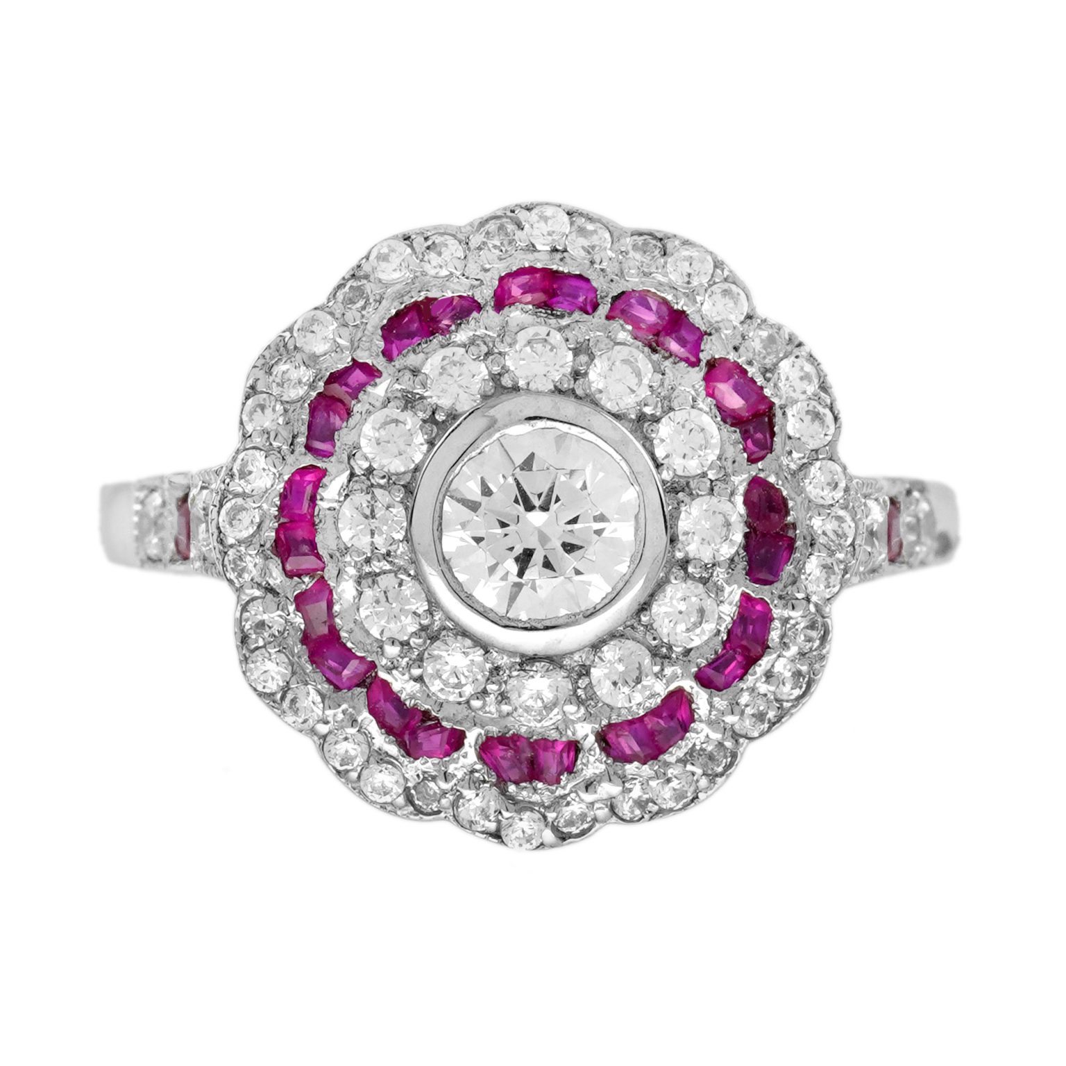 Diamond and Ruby Art Deco Style Floral Engagement Ring