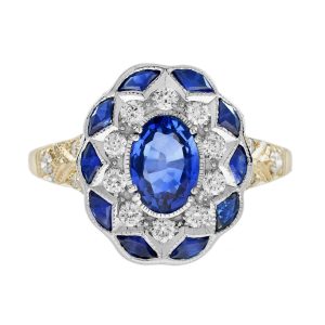 Ceylon Sapphire and Diamond Antique Style Floral Engagement Ring in Two Tone Gold