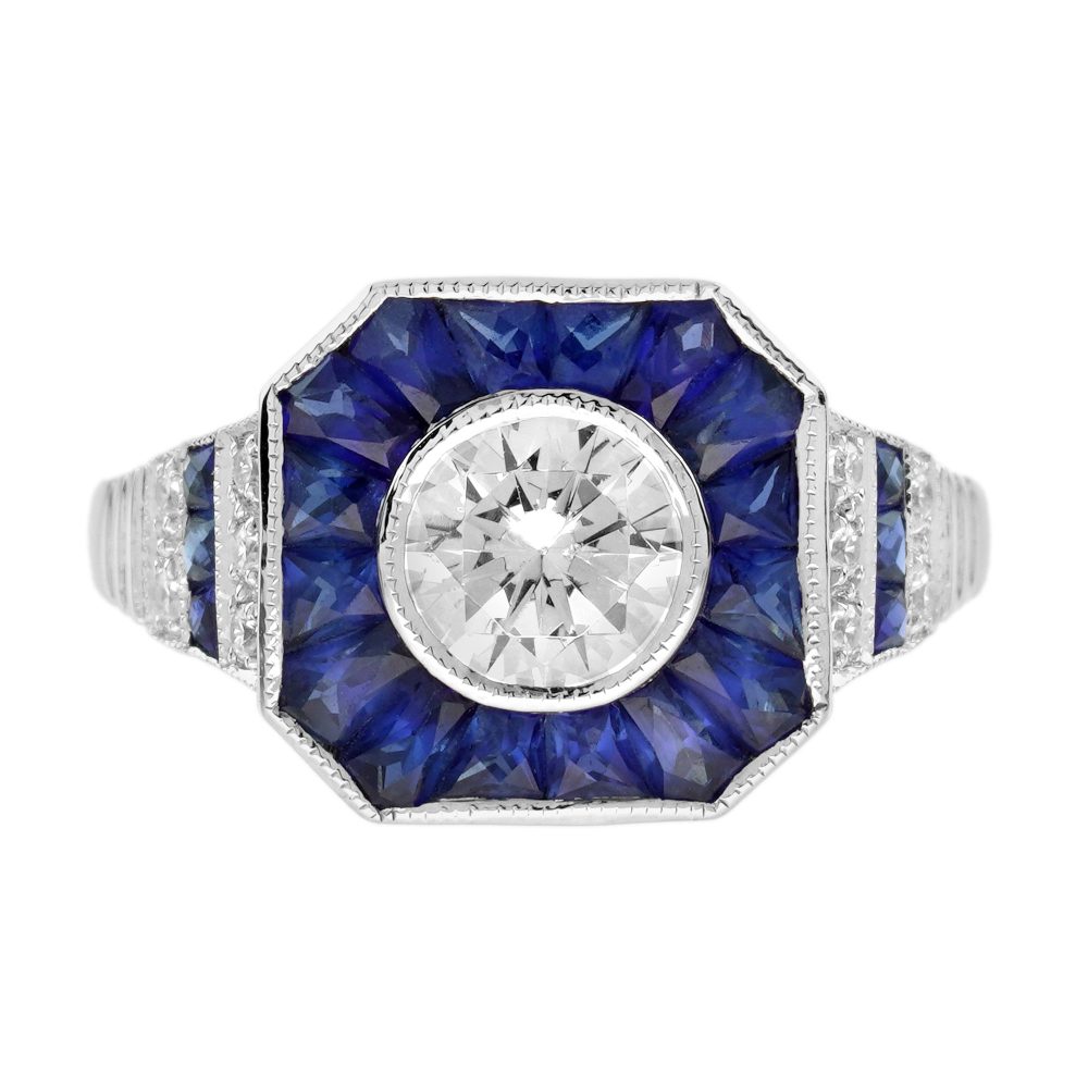 Diamond and Blue Sapphire Art Deco Style Engagement Ring