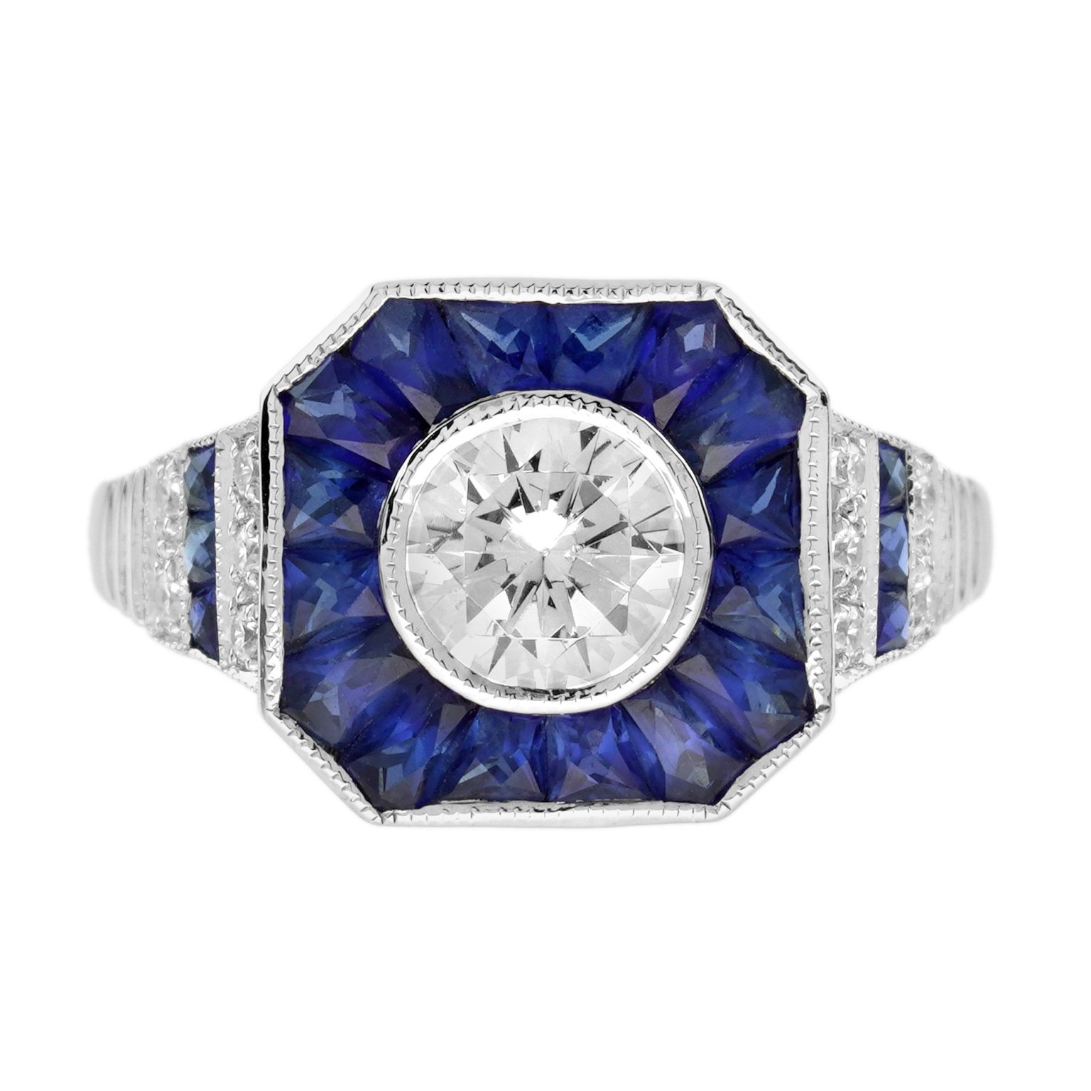Diamond and Blue Sapphire Art Deco Style Engagement Ring