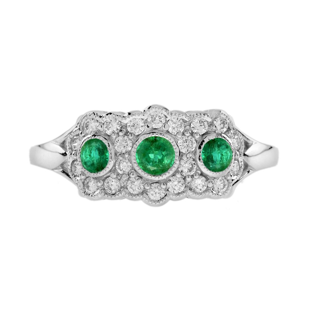 Emerald and Diamond Antique Style Three Stone Ring