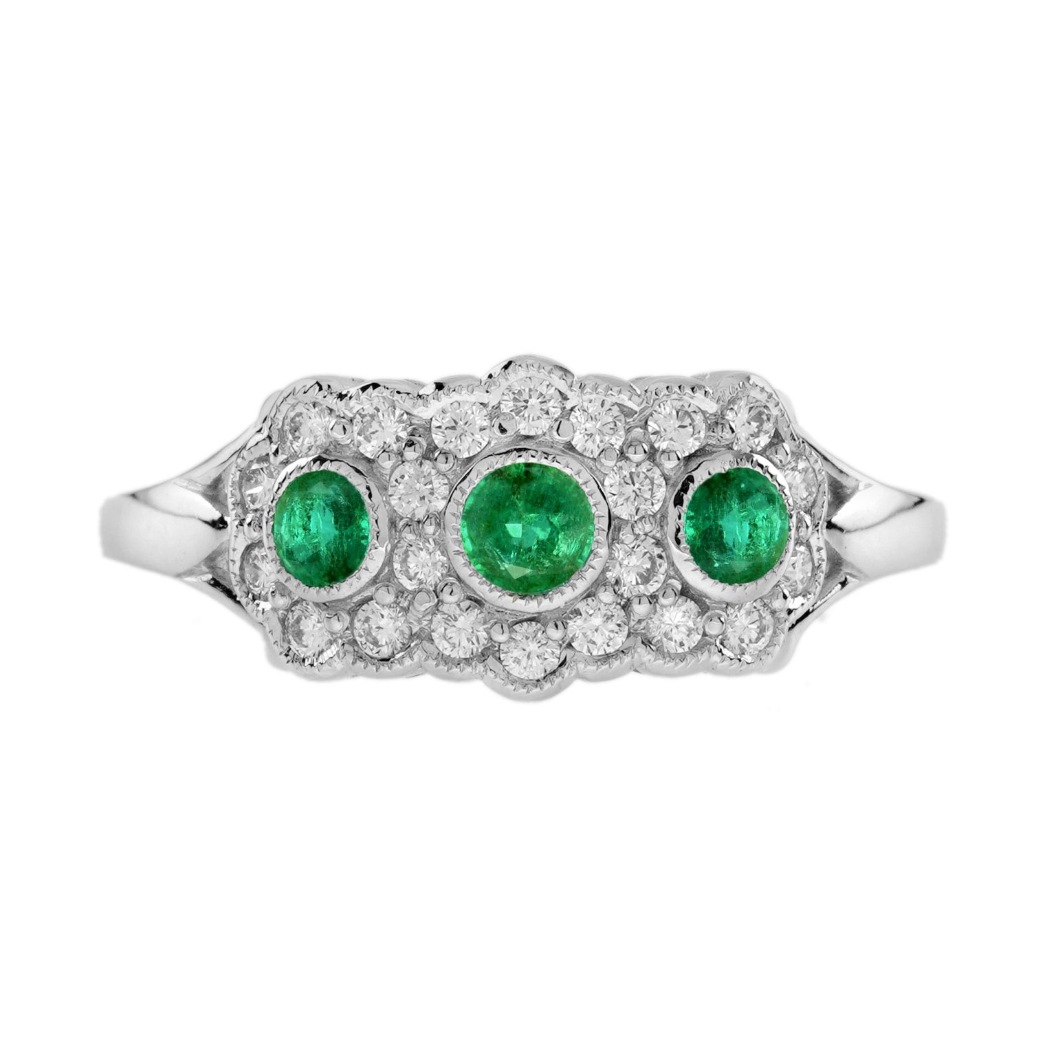 Emerald and Diamond Antique Style Three Stone Ring