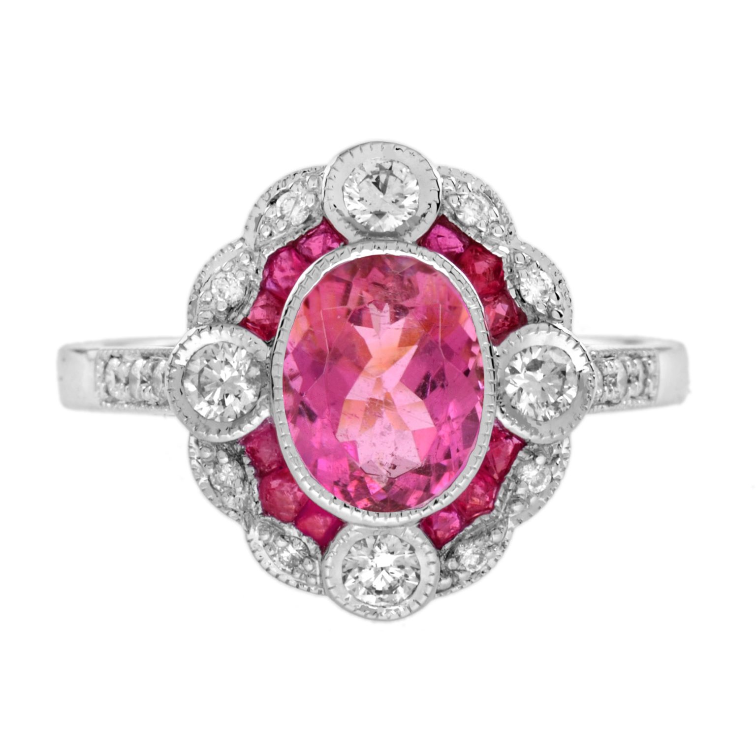 Pink Tourmaline Ruby Diamond Art Deco Style Engagement Ring