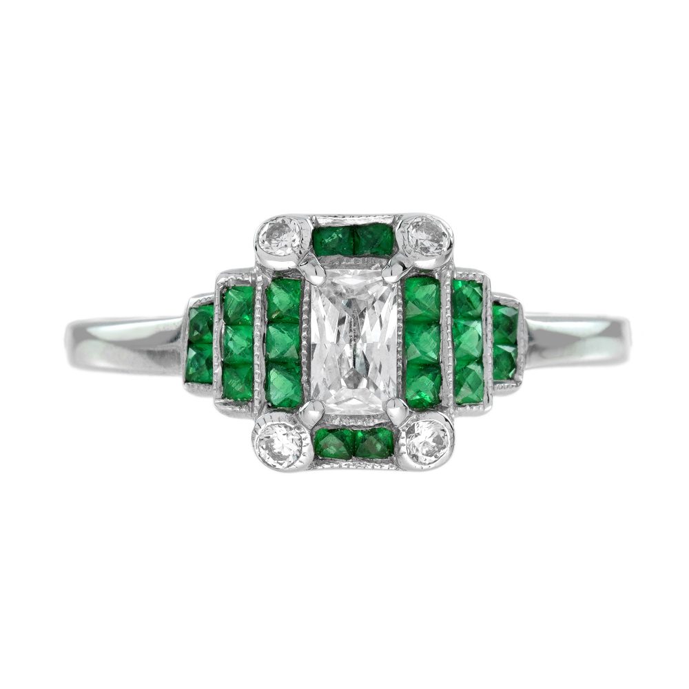0.22 Ct. Diamond and Emerald Step Shoulder Art Deco Style Ring