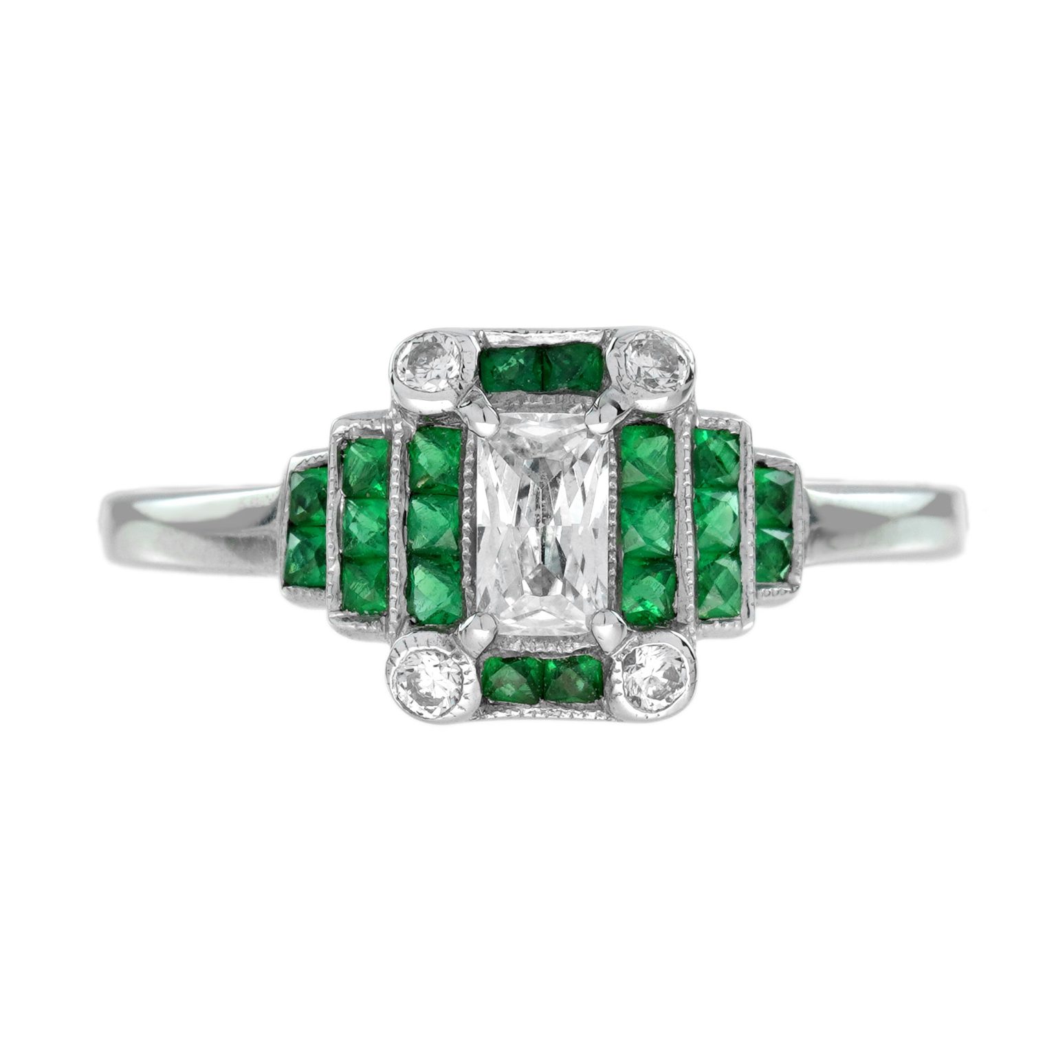 0.22 Ct. Diamond and Emerald Step Shoulder Art Deco Style Ring