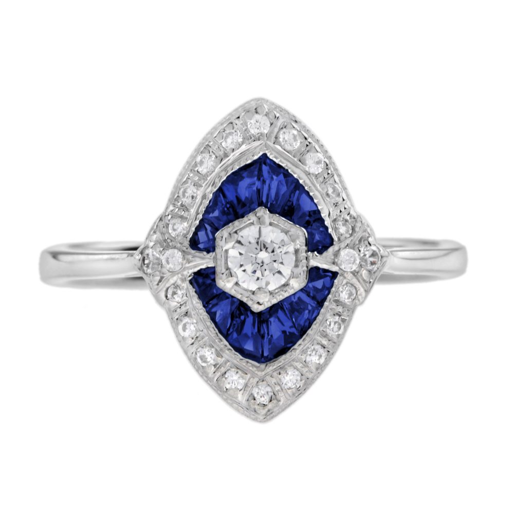 Diamond and Blue Sapphire Art Deco Style Engagement Ring