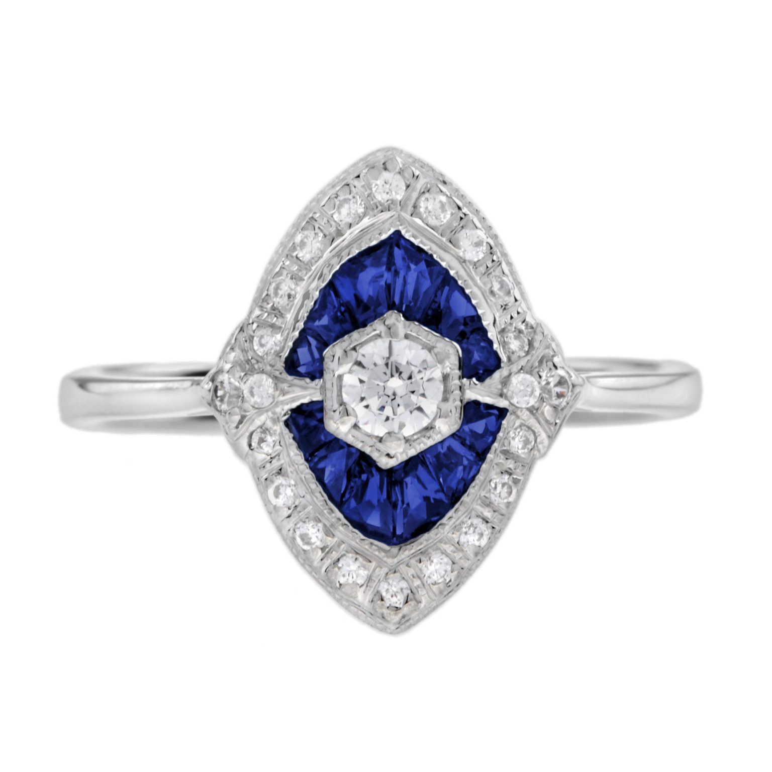 Diamond and Blue Sapphire Art Deco Style Engagement Ring
