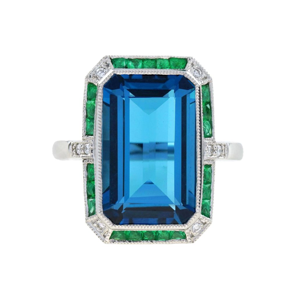 Emerald Cut London Blue Topaz with Emerald and Diamond Art Deco Style Cocktail Ring