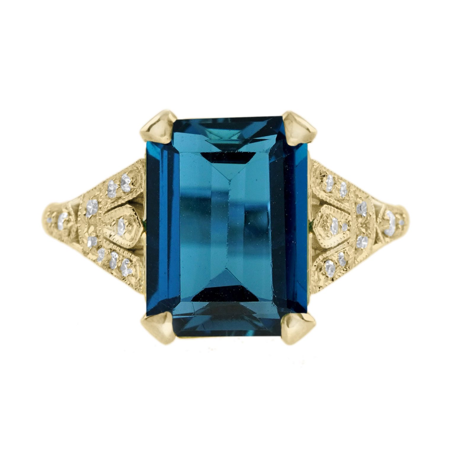 Emerald Cut London Blue Topaz and Diamond Solitaire Ring