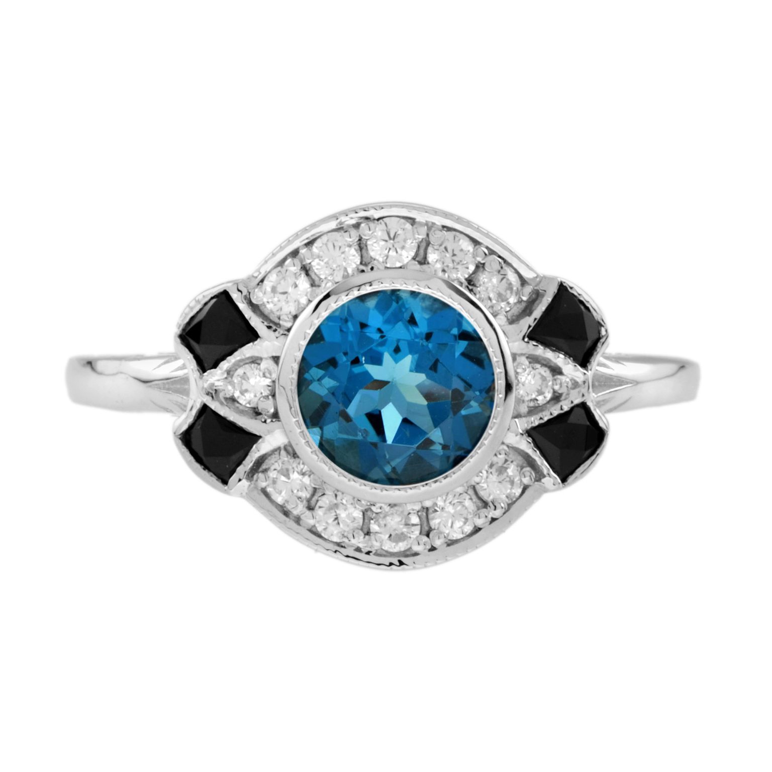 London Blue Topaz Diamond Onyx Art Deco Style Ring