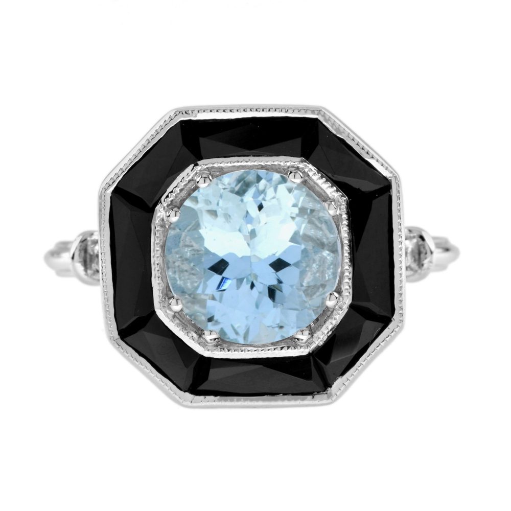 1.5 Ct. Aquamarine and Onyx Halo Art Deco Style Ring