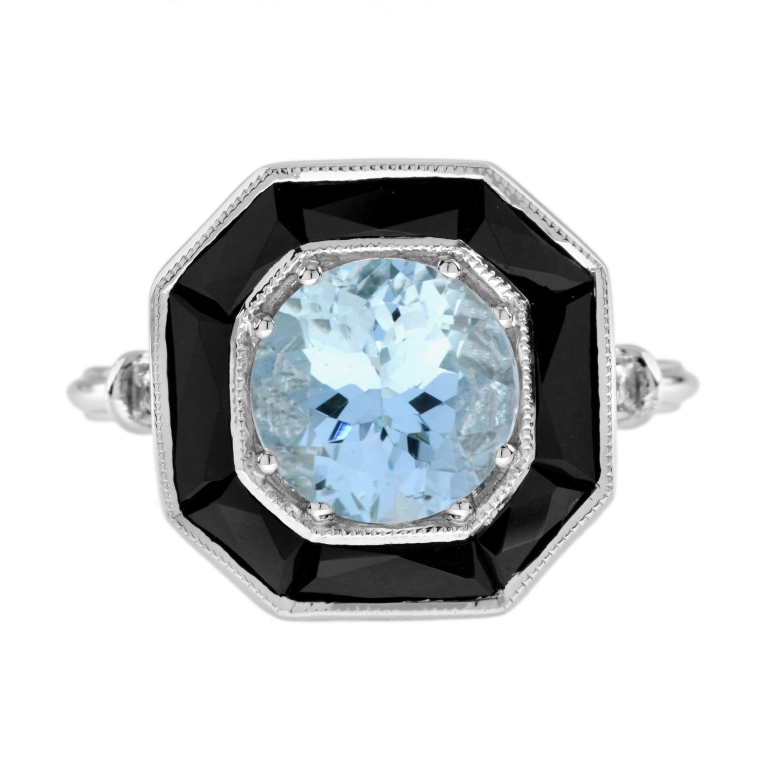 1.5 Ct. Aquamarine and Onyx Halo Art Deco Style Ring
