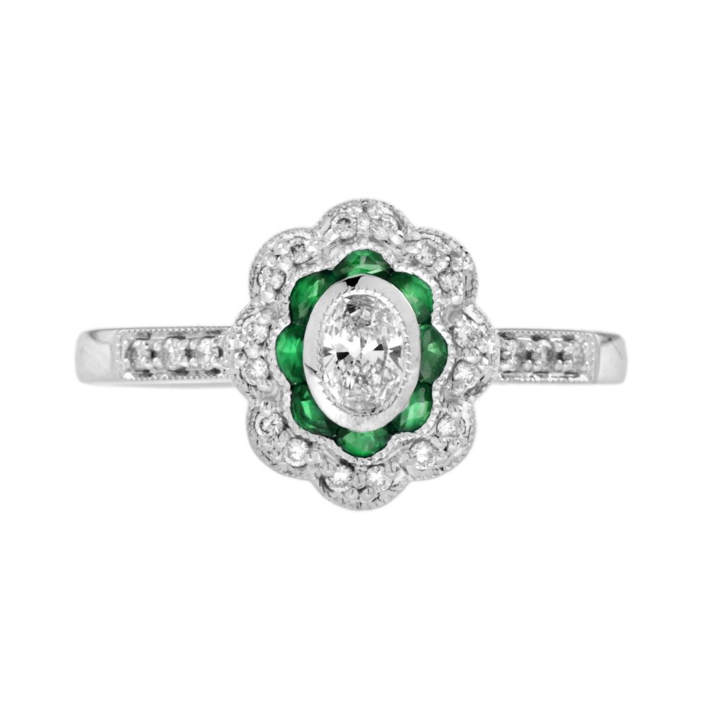 0.15 Ct. Diamond and Emerald Art Deco Style Engagement Ring