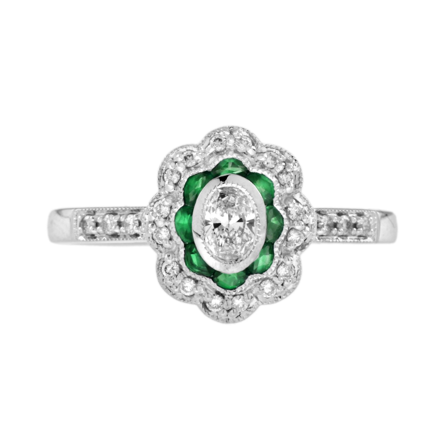 0.15 Ct. Diamond and Emerald Art Deco Style Engagement Ring
