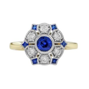 Ceylon Sapphire and Diamond Antique Style Floral Cluster Ring