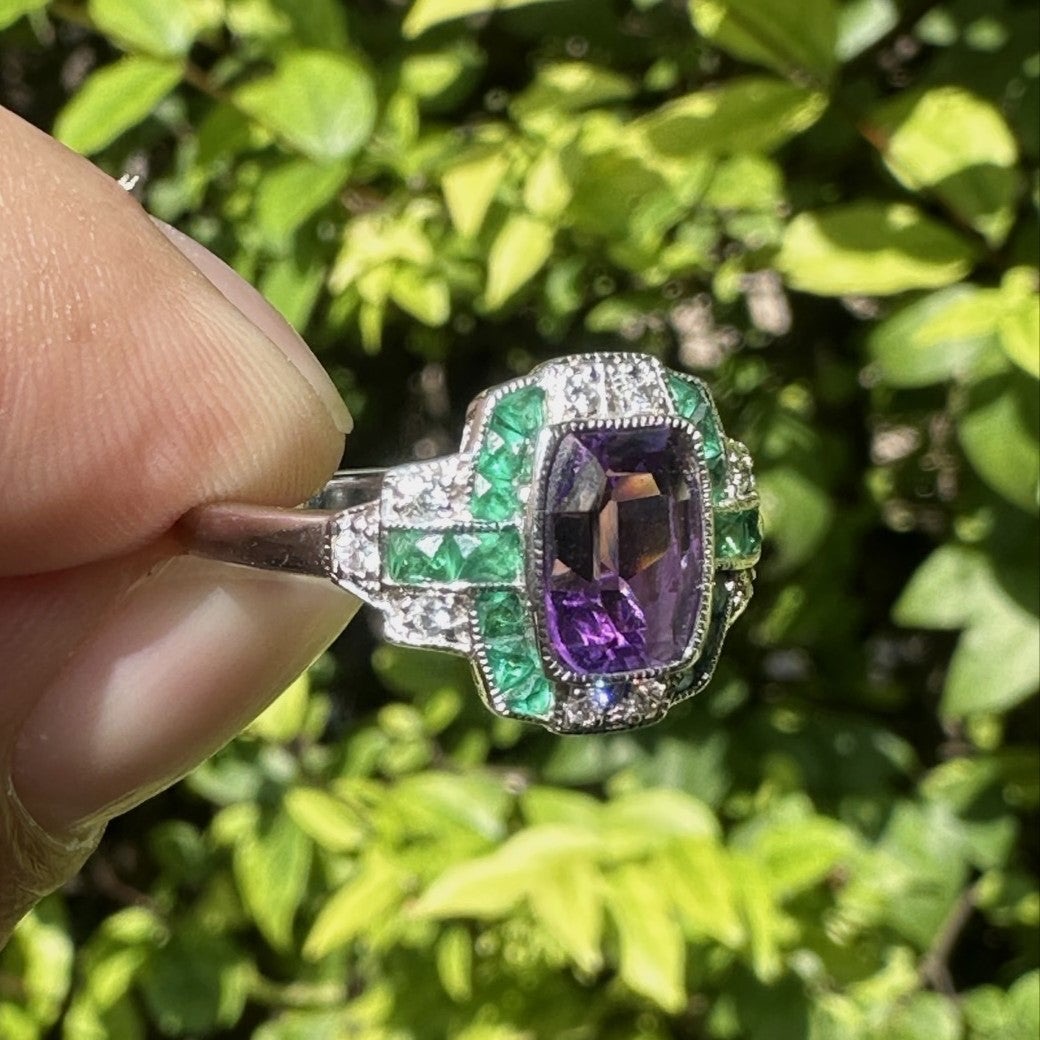 R5341 A-E9-D2 L2312B 01 Amethyst Emerald Diamond Art Deco Style Ring