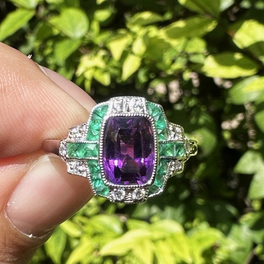 R5341 A-E9-D2 L2312B 02 Amethyst Emerald Diamond Art Deco Style Ring