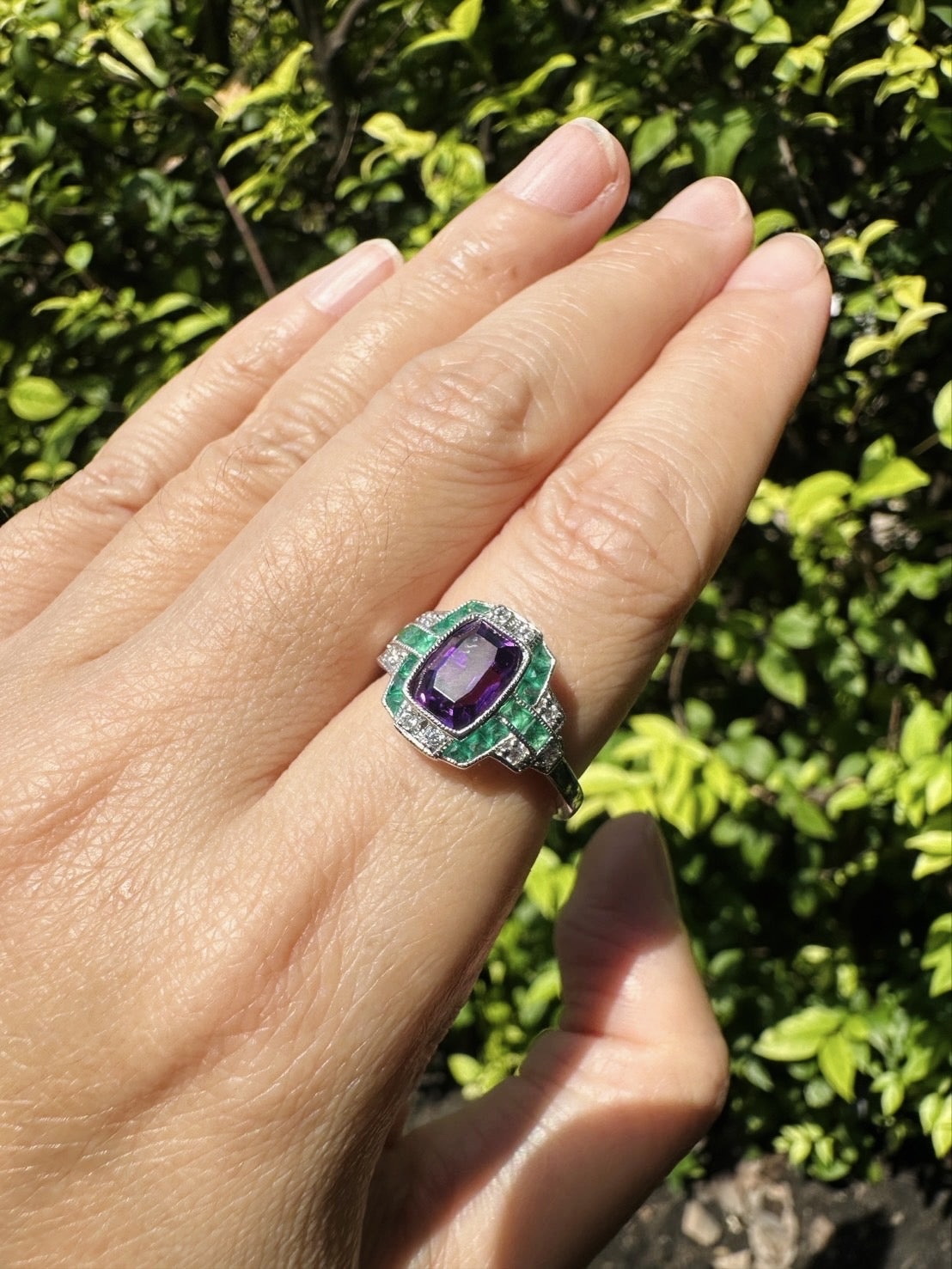 R5341 A-E9-D2 L2312OB 01 Amethyst Emerald Diamond Art Deco Style Ring