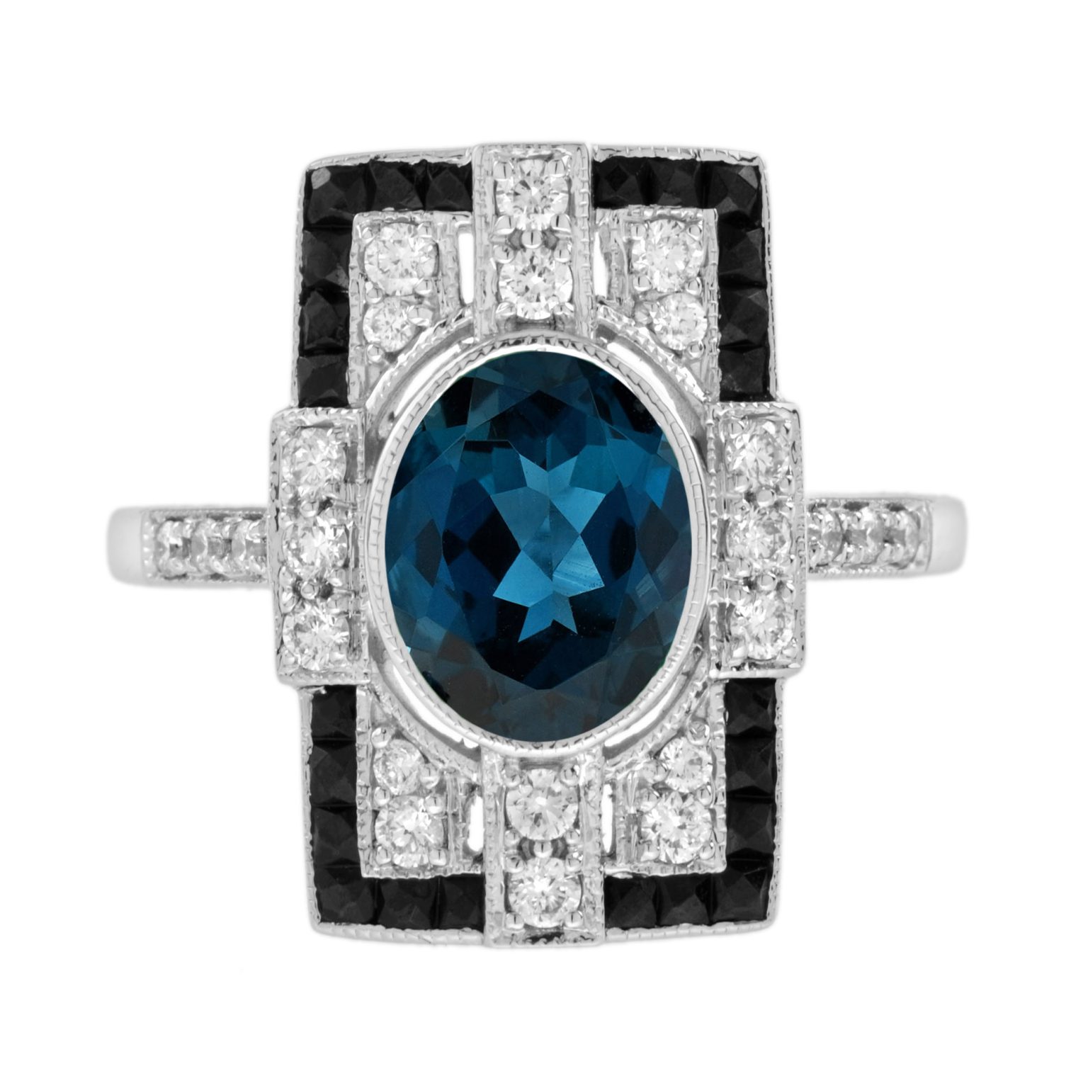 London Blue Topaz Diamond Onyx Art Deco Style Ring
