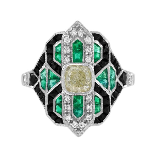 GIA Diamond Emerald Onyx Art Deco Style Cocktail Ring - Image 10