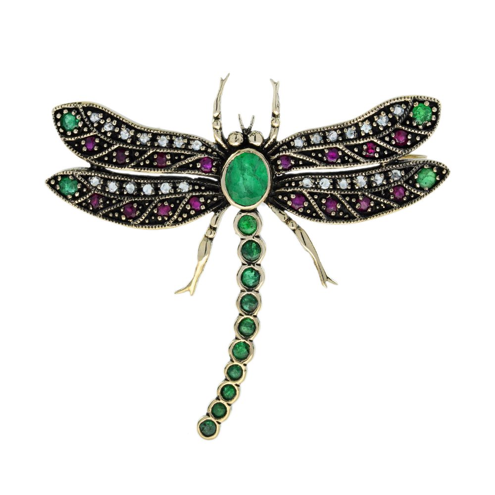 Emerald Ruby Diamond Vintage Style Dragonfly Brooch