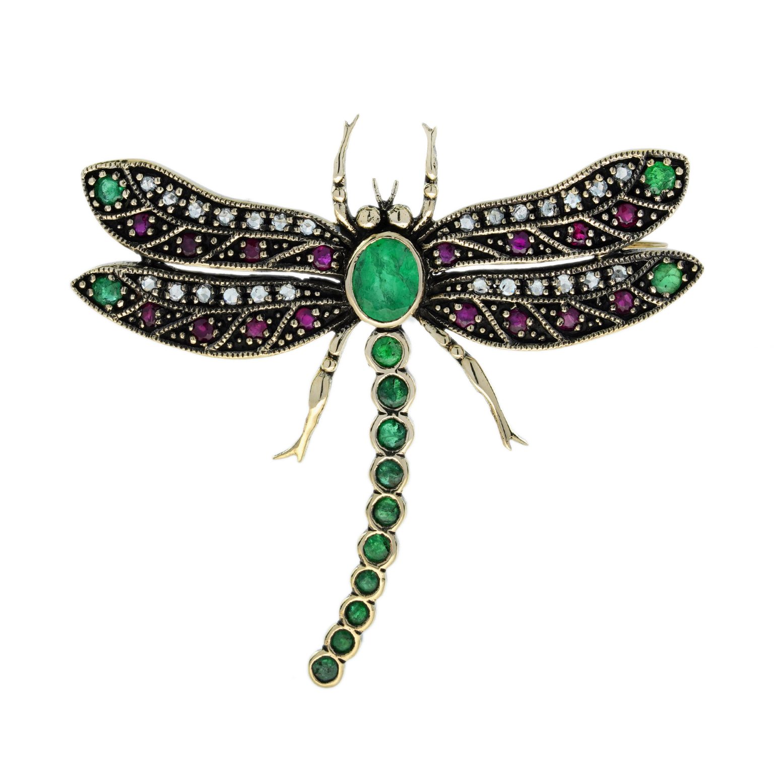 Emerald Ruby Diamond Vintage Style Dragonfly Brooch