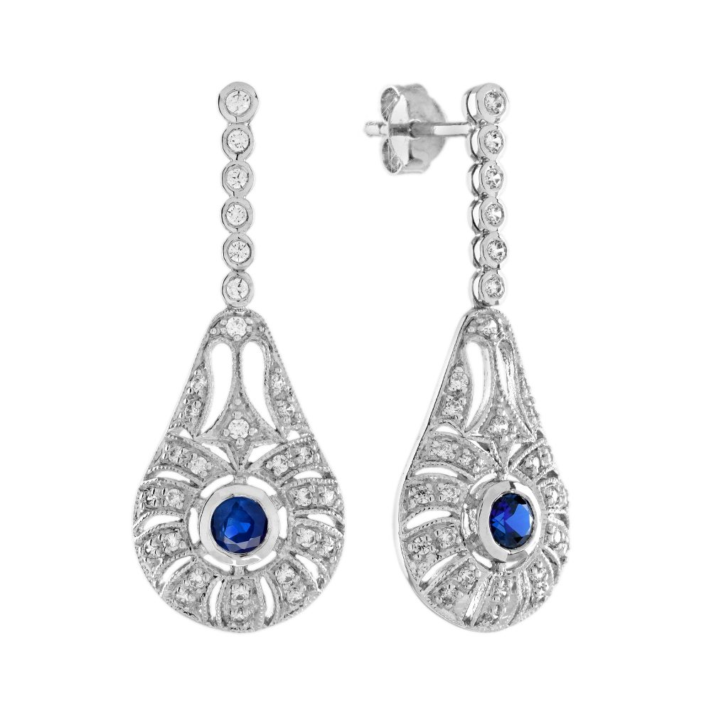 Blue Sapphire Diamond Art Deco Style Drop Earrings