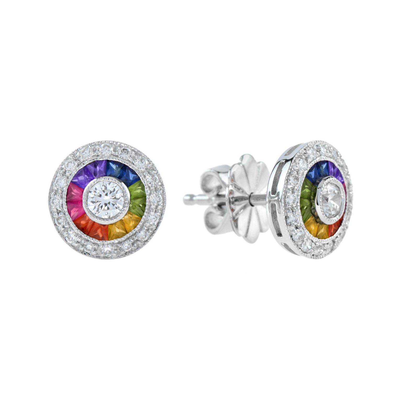 Diamond and Rainbow Sapphire Art Deco Style Stud Earrings