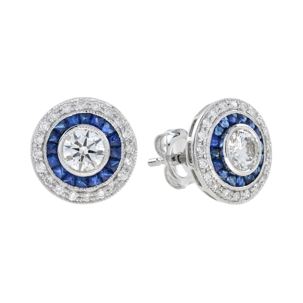Art Deco Style 4.4 Round Diamond Blue Sapphire Stud Earrings