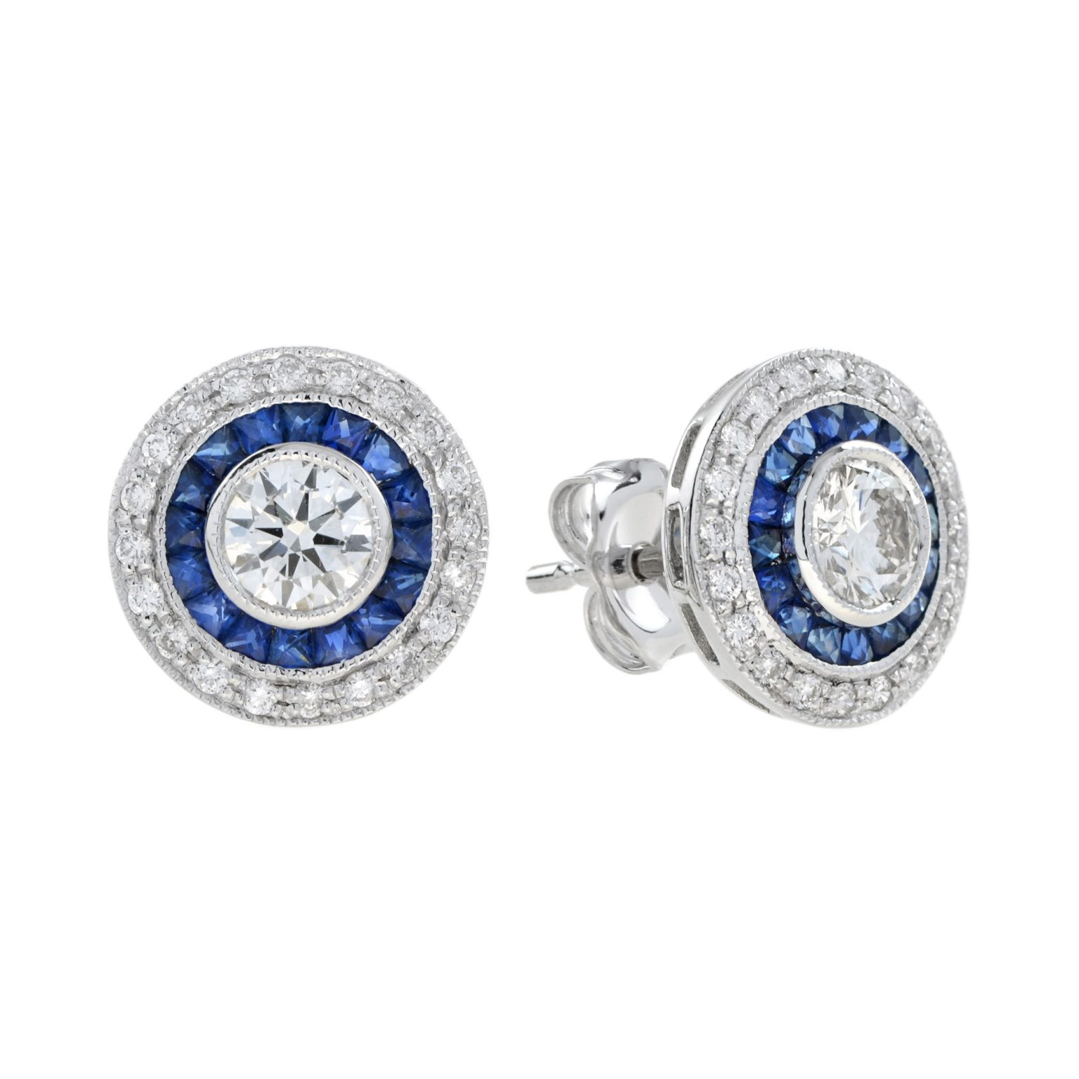 Art Deco Style 4.4 Round Diamond Blue Sapphire Stud Earrings