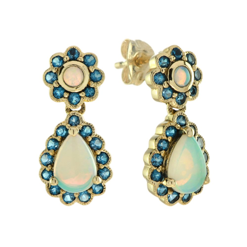 Opal and London Blue Topaz Vintage Style Drop Earrings