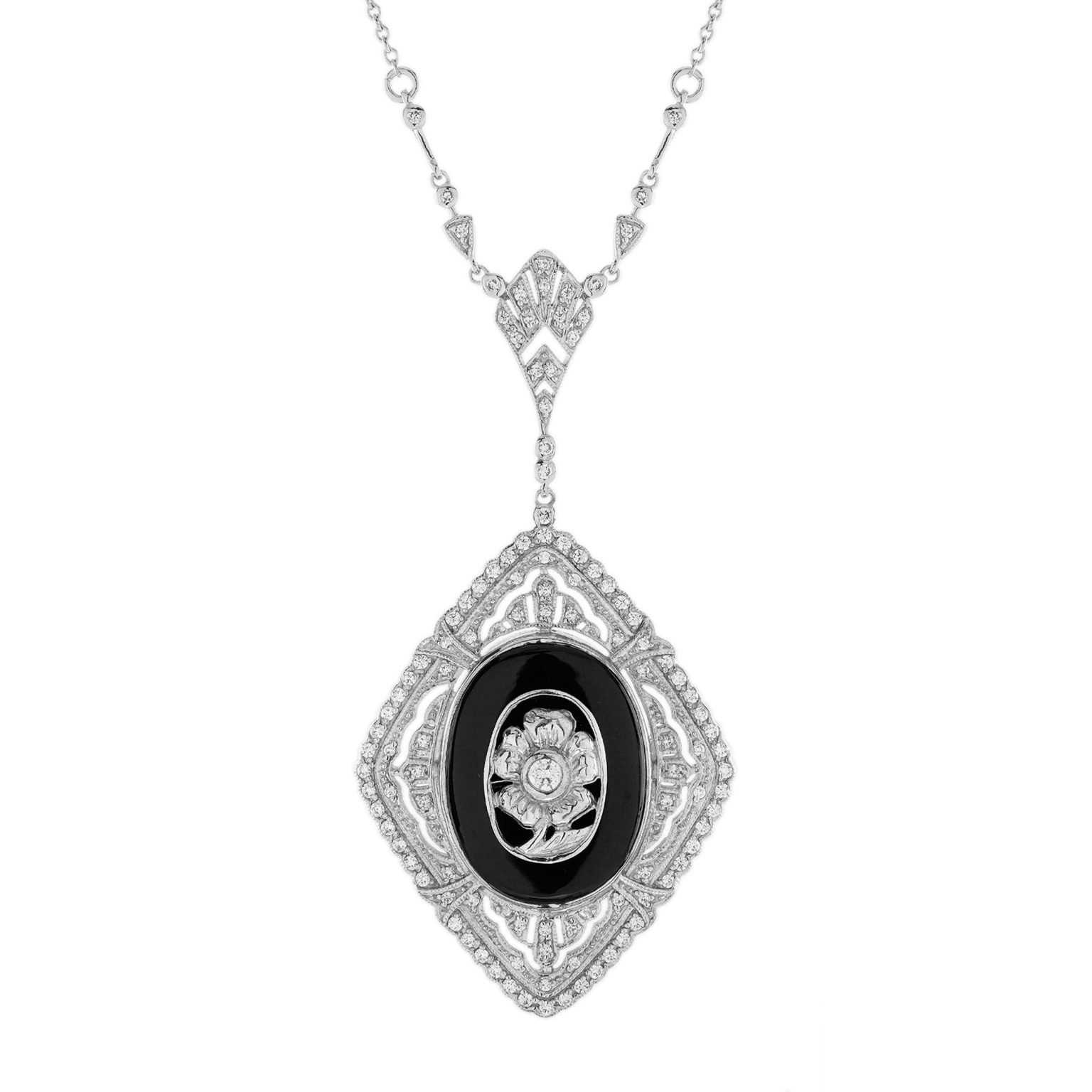 Onyx and Diamond Art Deco Style Floral Motif Necklace
