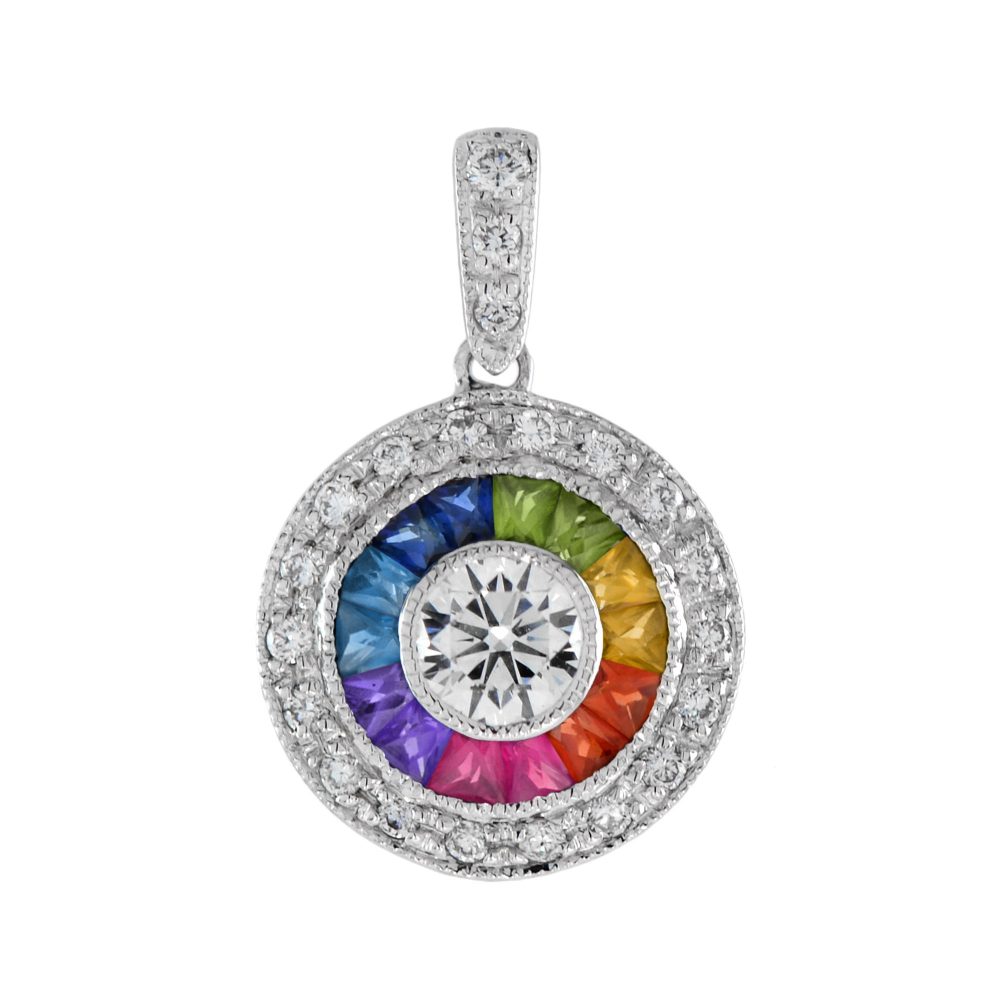 Diamond and Rainbow Sapphire Art Deco Style Pendant