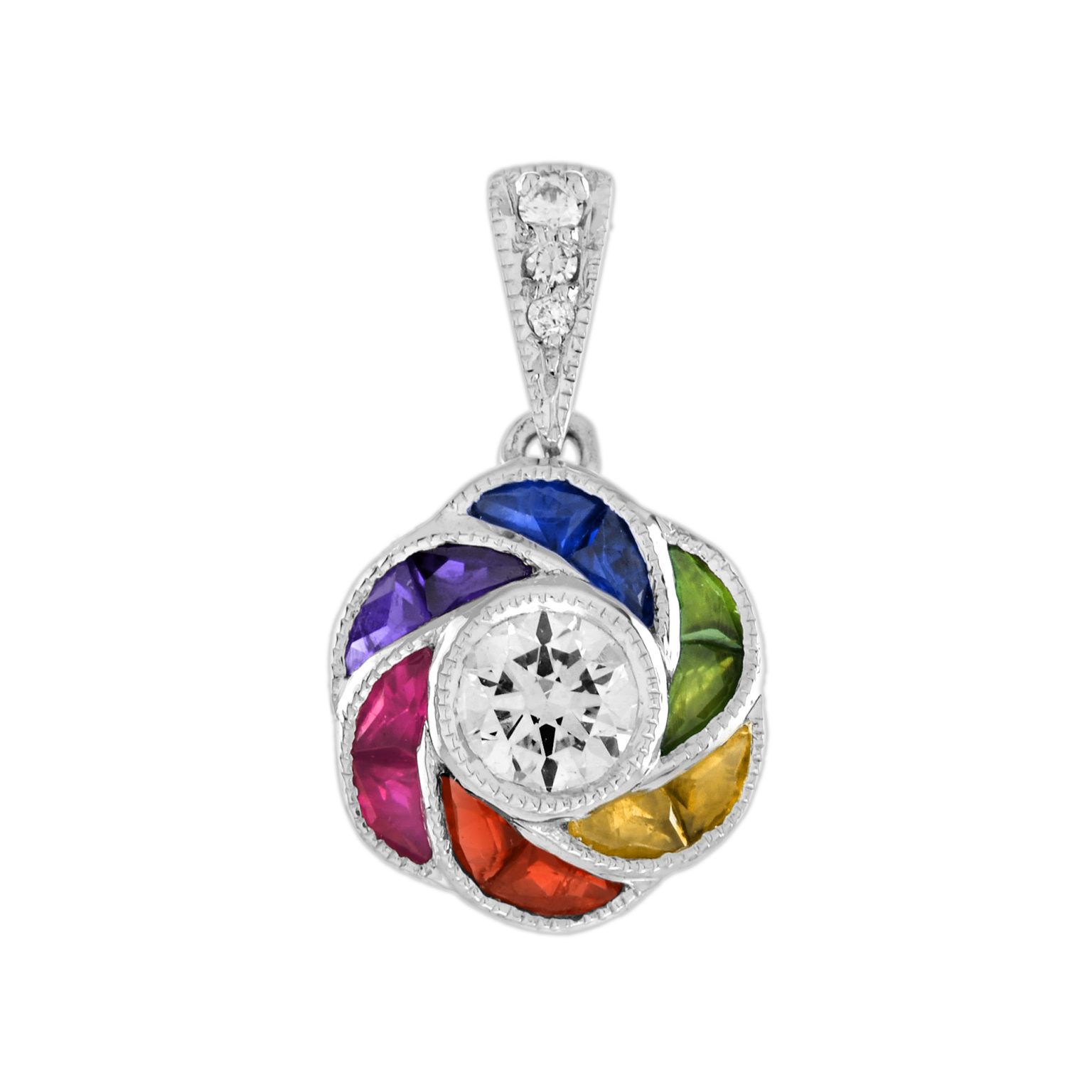 Diamond and Rainbow Sapphire Art Deco Style Floral Pendant